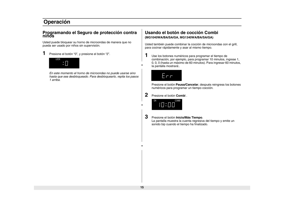 Samsung MW1440WA/BA/SA/GA manual Programando el Seguro de protección contra niños, Usando el botón de cocción Combi 