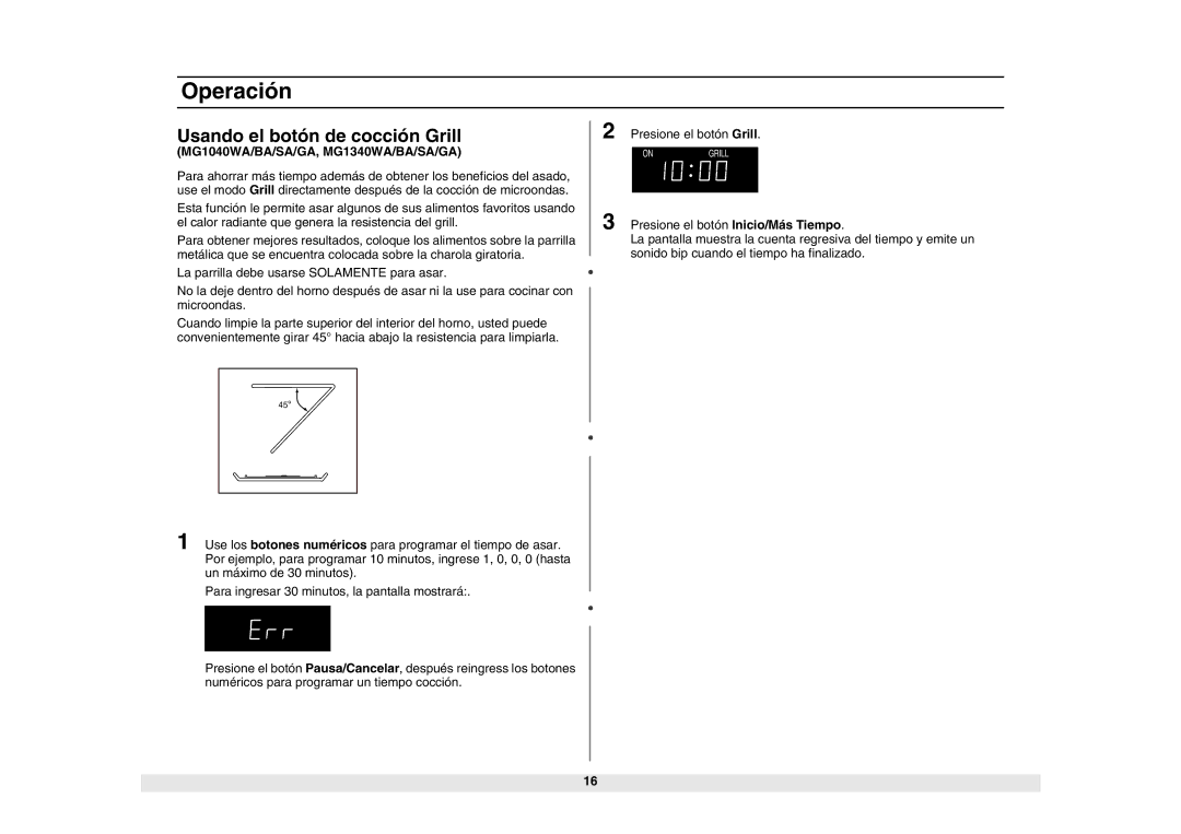 Samsung ME1040WA/BA/SA/GA, MW1440WA/BA/SA/GA, MG1340WA/BA/SA/GA, MG1040WA/BA/SA/GA manual Usando el botón de cocción Grill 