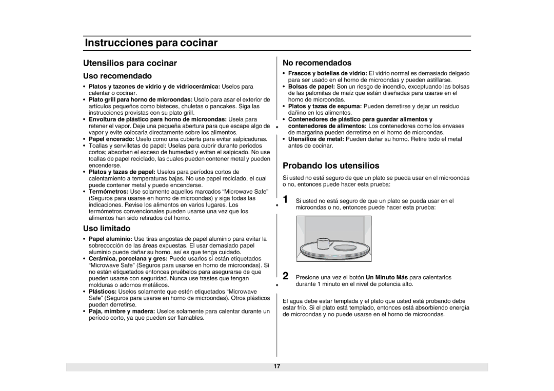 Samsung MG1340WA/BA/SA/GA, MW1440WA/BA/SA/GA Instrucciones para cocinar, Utensilios para cocinar, Probando los utensilios 