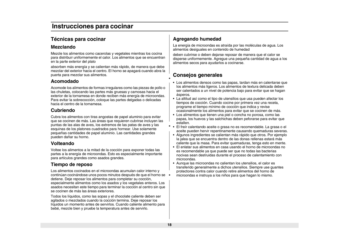 Samsung MG1040WA/BA/SA/GA, MW1440WA/BA/SA/GA, ME1040WA/BA/SA/GA, MG1340WA/BA/SA/GA Técnicas para cocinar, Consejos generales 