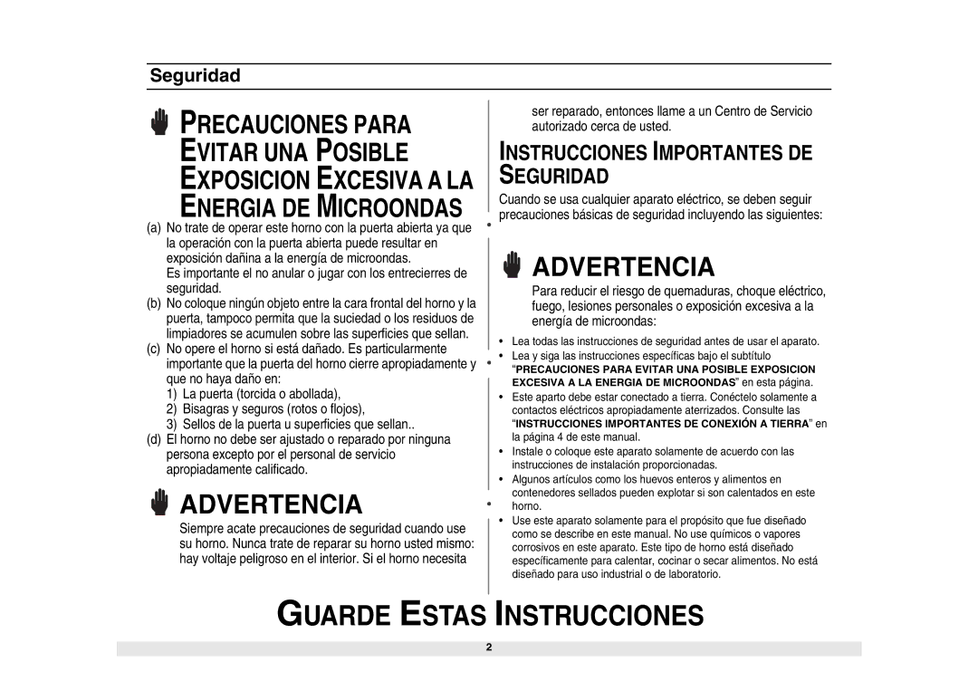 Samsung MG1340WA/BA/SA/GA, MW1440WA/BA/SA/GA, ME1040WA/BA/SA/GA, MG1040WA/BA/SA/GA, MW1040WA/BA/SA/GA Advertencia, Seguridad 