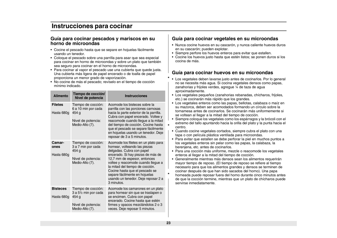 Samsung MG1040WA/BA/SA/GA Guía para cocinar vegetales en su microondas, Guía para cocinar huevos en su microondas, Camar 