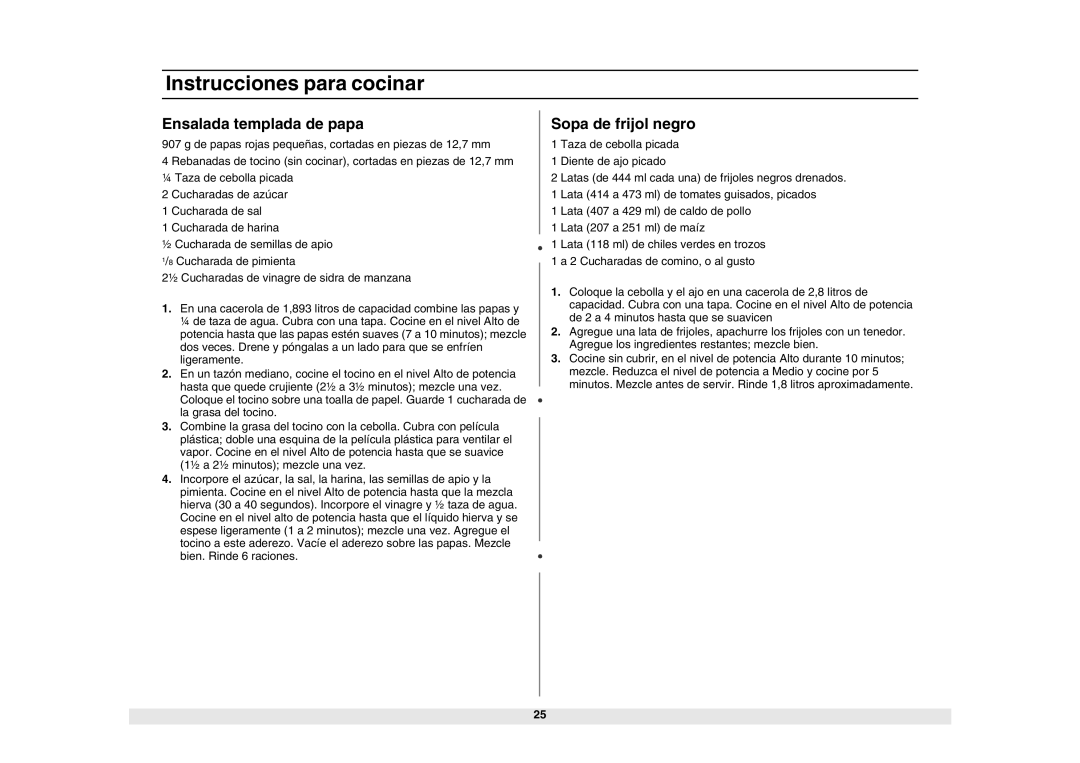 Samsung MW1440WA/BA/SA/GA, ME1040WA/BA/SA/GA, MG1340WA/BA/SA/GA manual Ensalada templada de papa, Sopa de frijol negro 