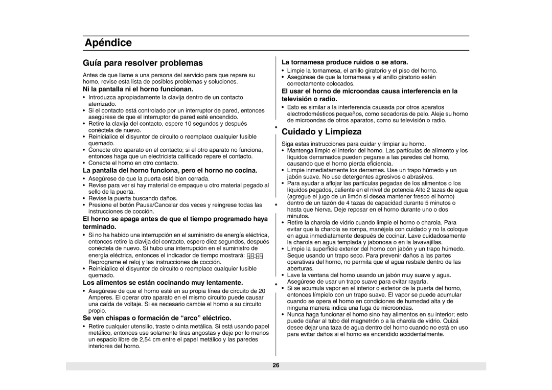 Samsung ME1040WA/BA/SA/GA, MW1440WA/BA/SA/GA, MG1340WA/BA/SA/GA Apéndice, Guía para resolver problemas, Cuidado y Limpieza 