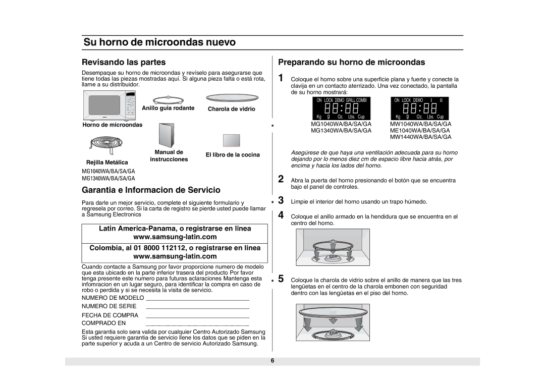 Samsung ME1040WA/BA/SA/GA manual Su horno de microondas nuevo, Revisando las partes, Garantia e Informacion de Servicio 