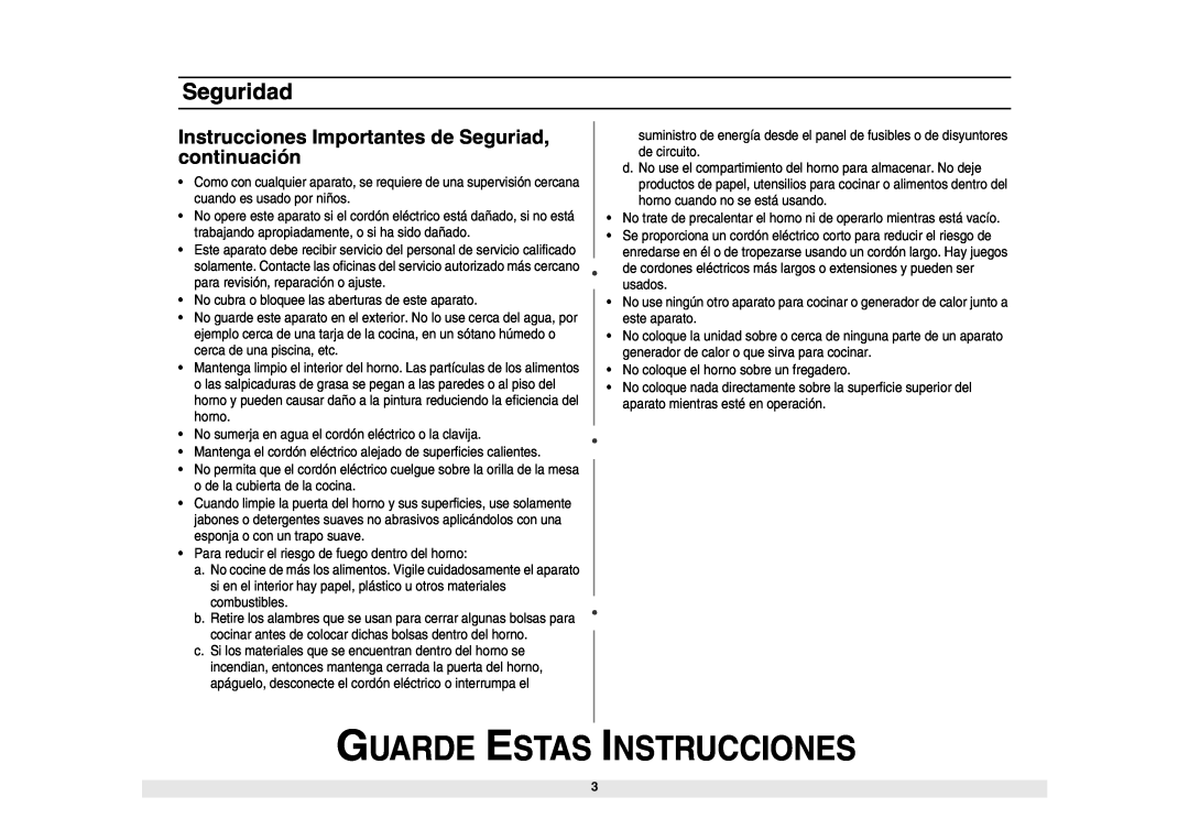 Samsung MG1040WA/BA/SA/GA manual Instrucciones Importantes de Seguriad, continuación, Guarde Estas Instrucciones, Seguridad 