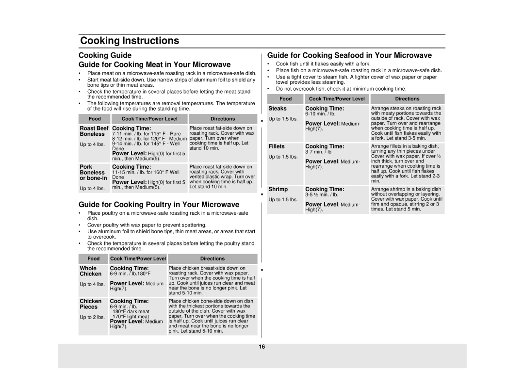 Samsung ME1480STC Cooking Guide Guide for Cooking Meat in Your Microwave, Guide for Cooking Poultry in Your Microwave 