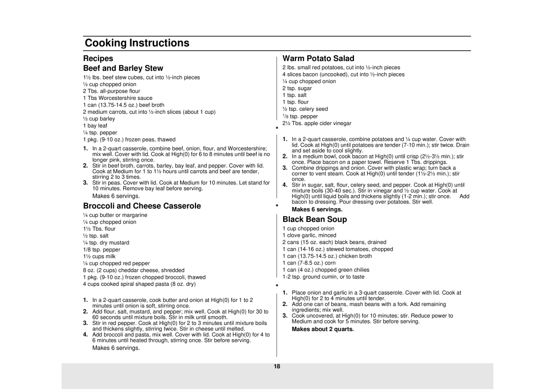 Samsung MW1240WC, MW1440WC Recipes Beef and Barley Stew, Broccoli and Cheese Casserole, Warm Potato Salad, Black Bean Soup 