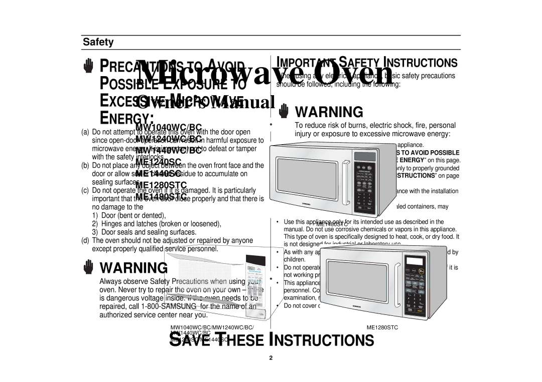 Samsung MW1040BC, MW1440WC, MW1440BC, ME1440SC, ME1280STC, ME1240SC, ME1480STC, MW1240BC Important Safety Instructions 