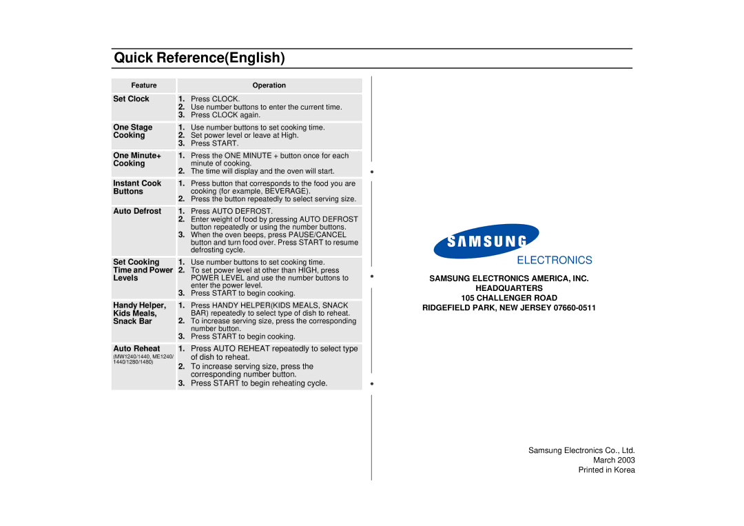 Samsung ME1280STC, MW1440WC, MW1440BC, MW1040BC, ME1440SC, ME1240SC, ME1480STC, MW1240BC, MW1240WC Quick ReferenceEnglish 