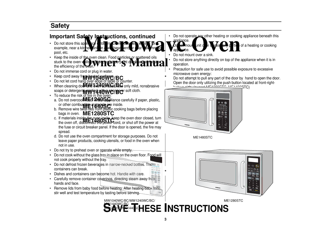 Samsung ME1440SC, MW1440WC, MW1440BC, MW1040BC, ME1280STC, ME1240SC, ME1480STC, MW1240BC, MW1240WC Important Safety Instructions 