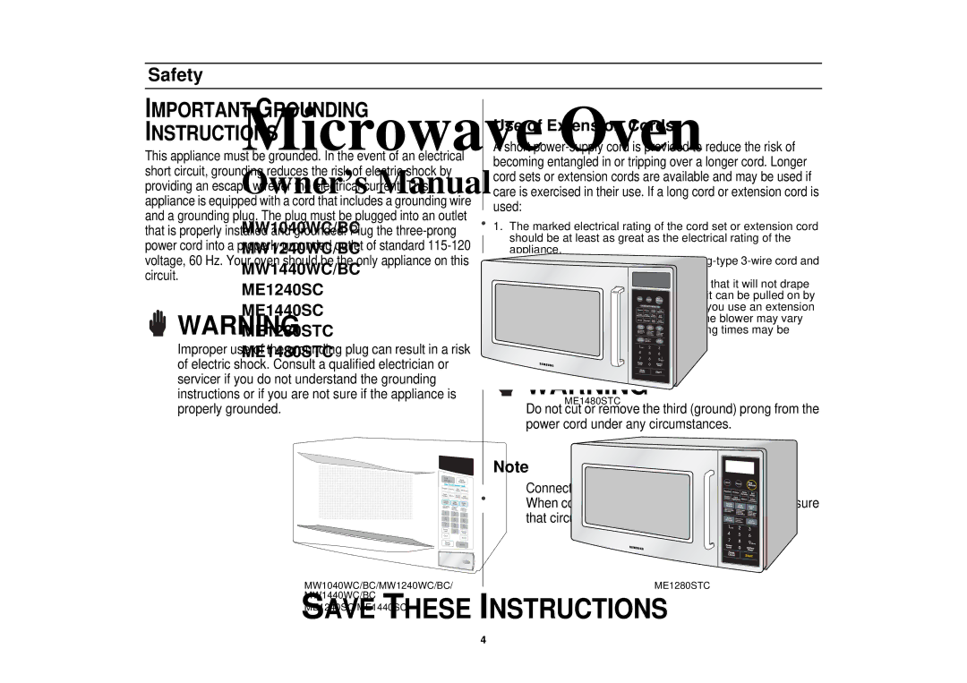 Samsung ME1280STC, MW1440WC, MW1440BC, MW1040BC, ME1440SC, ME1240SC, ME1480STC, MW1240BC Important Grounding Instructions 