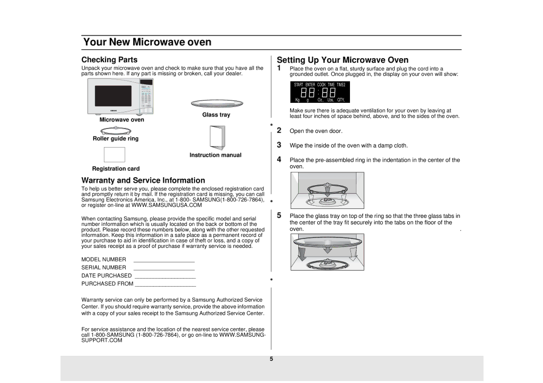 Samsung ME1240SC Your New Microwave oven, Setting Up Your Microwave Oven, Checking Parts, Warranty and Service Information 