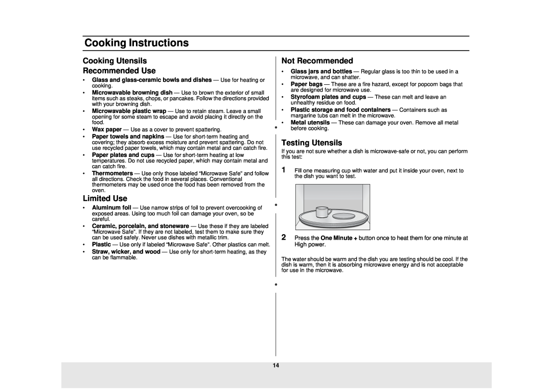 Samsung ME1280STC Cooking Instructions, Cooking Utensils Recommended Use, Limited Use, Not Recommended, Testing Utensils 