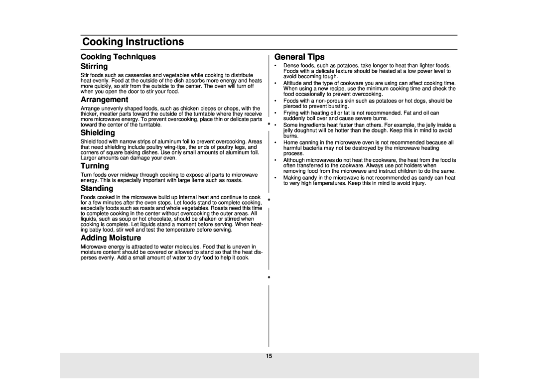 Samsung ME1240SC General Tips, Cooking Techniques Stirring, Arrangement, Shielding, Turning, Standing, Adding Moisture 