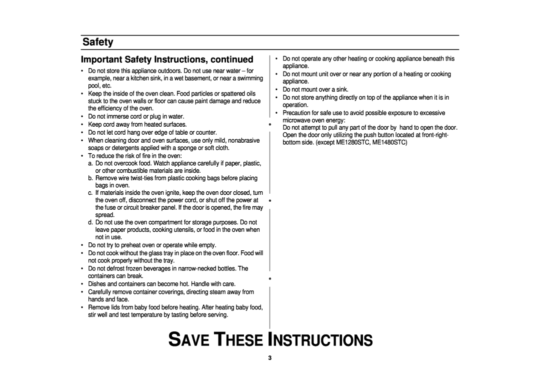 Samsung ME1440SC, MW1440WC, MW1440BC, MW1040BC, ME1280STC Important Safety Instructions, continued, Save These Instructions 