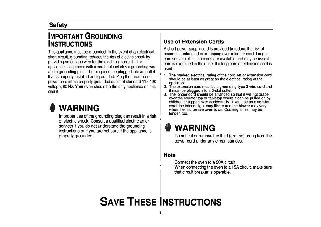 Samsung ME1280STC, MW1440WC Important Grounding Instructions, Use of Extension Cords, Save These Instructions, Safety 