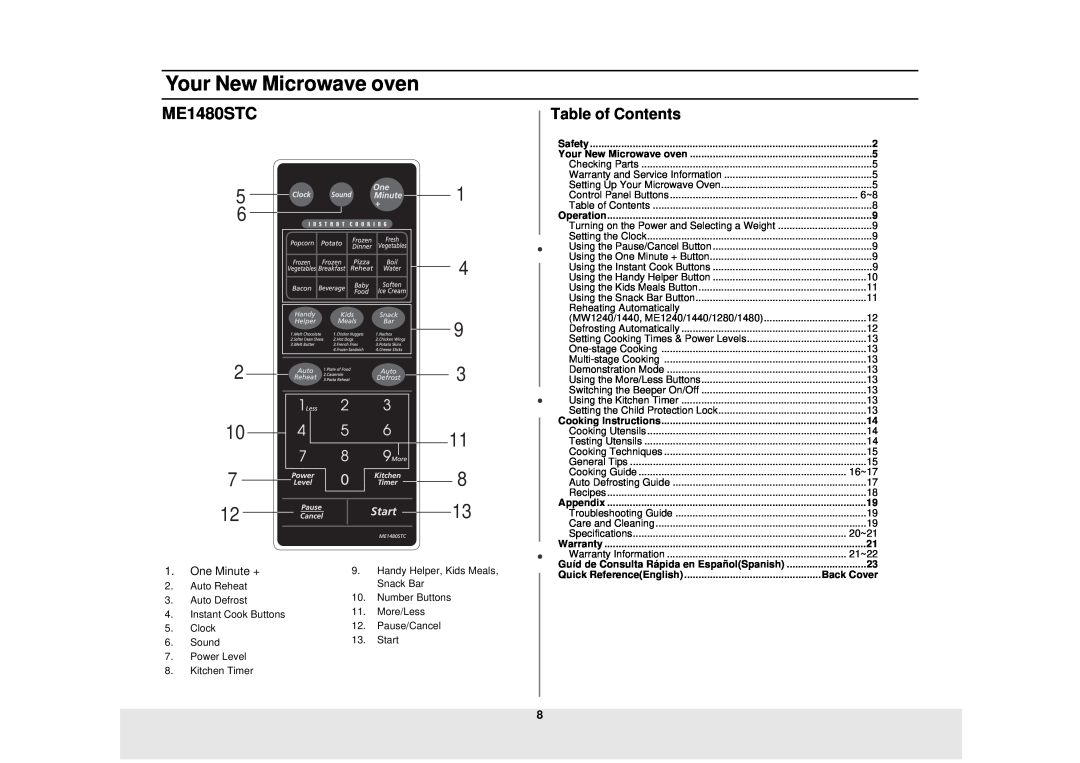 Samsung MW1240WC, MW1440WC, MW1440BC, MW1040BC ME1480STC, Table of Contents, Your New Microwave oven, 5 6, 1 4 9 3 11 8 