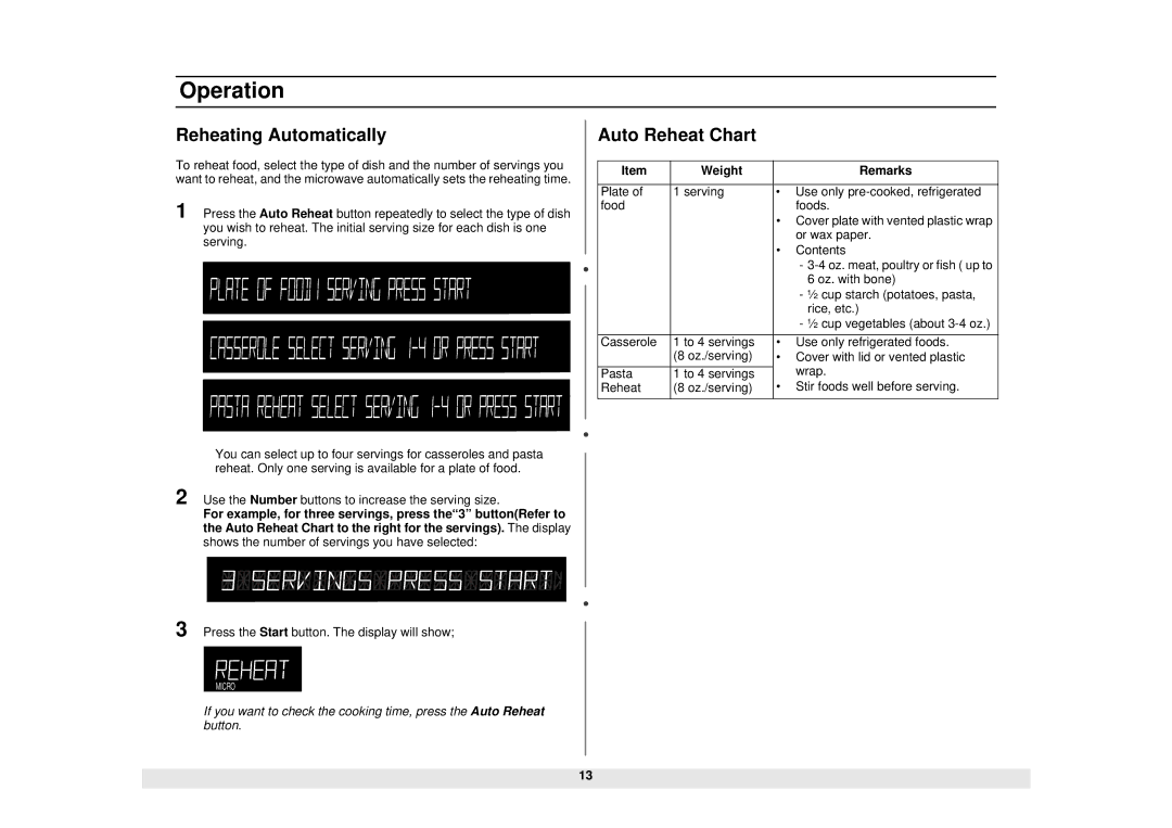 Samsung MW1480STA manual Reheating Automatically, Auto Reheat Chart 