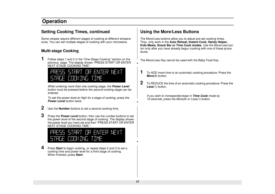 Samsung MW1480STA manual Setting Cooking Times, Using the More/Less Buttons, Multi-stage Cooking 