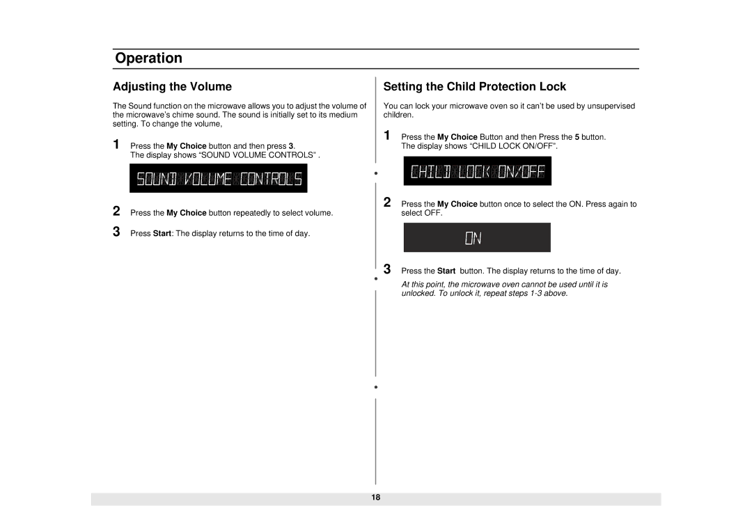 Samsung MW1480STA manual Adjusting the Volume, Setting the Child Protection Lock 