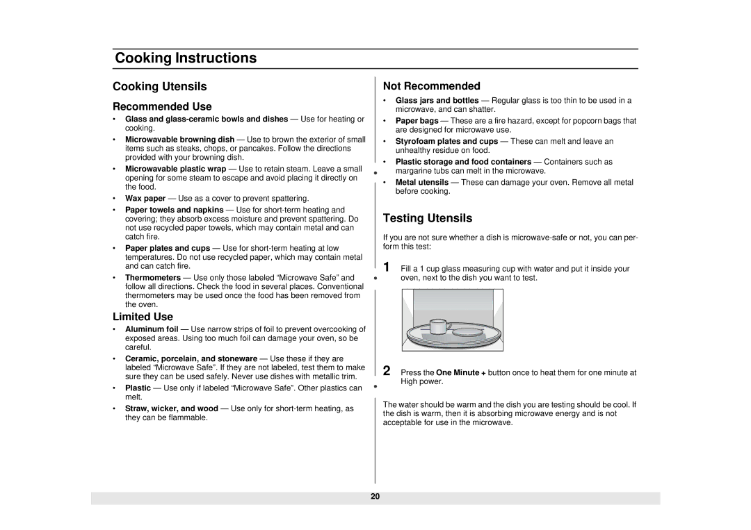 Samsung MW1480STA manual Cooking Instructions, Cooking Utensils, Testing Utensils 