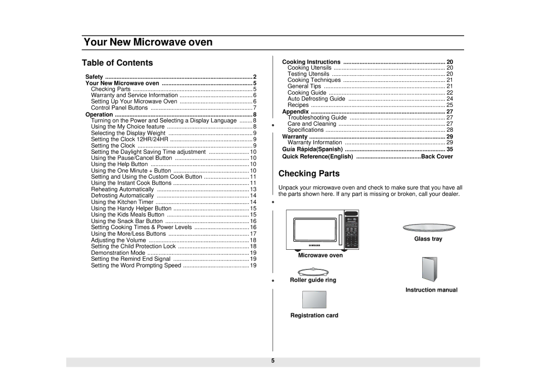 Samsung MW1480STA manual Your New Microwave oven, Table of Contents, Checking Parts 