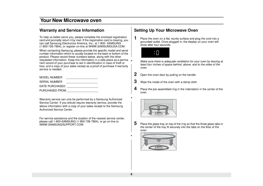 Samsung MW1480STA manual Warranty and Service Information, Setting Up Your Microwave Oven 