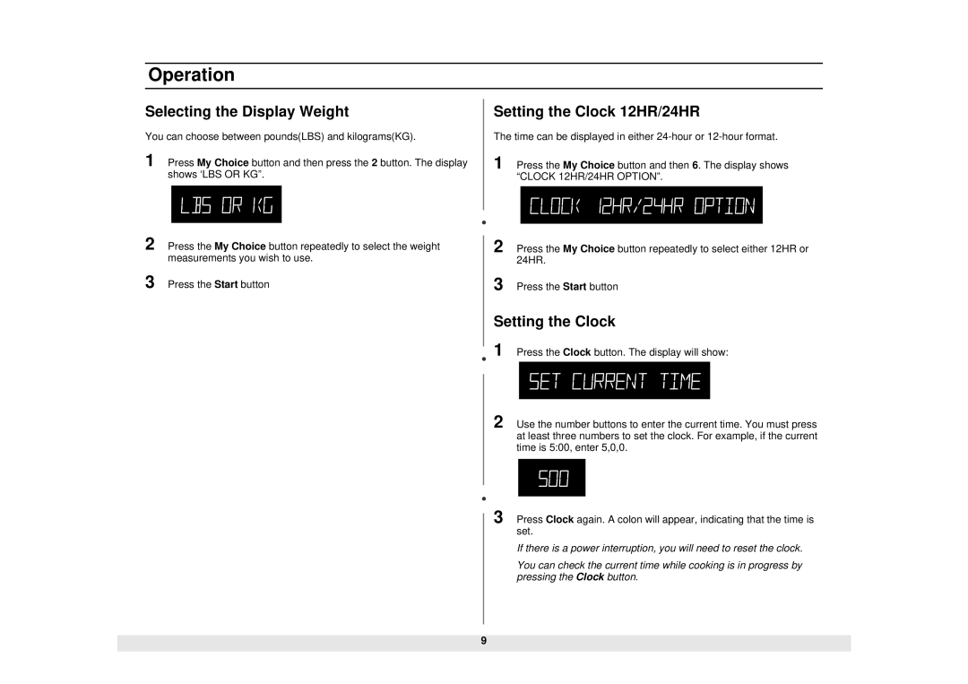 Samsung MW1480STA manual Selecting the Display Weight, Setting the Clock 12HR/24HR 