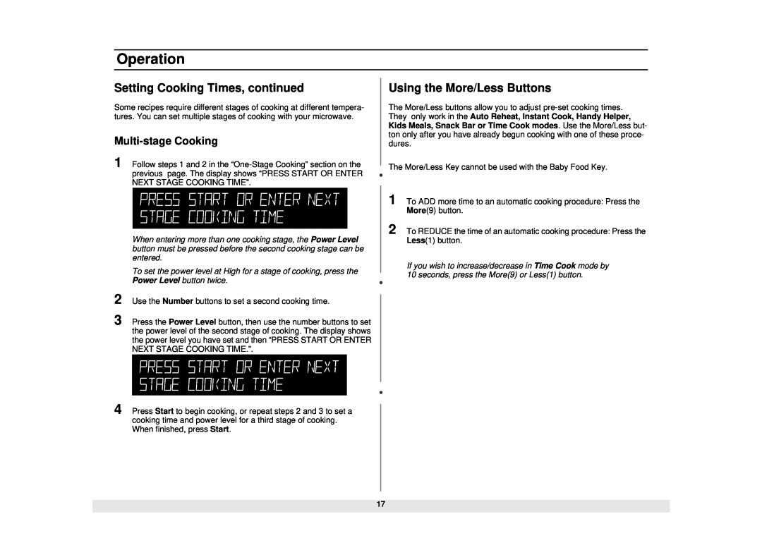 Samsung MW1480STA manual Setting Cooking Times, continued, Using the More/Less Buttons, Multi-stage Cooking, Operation 