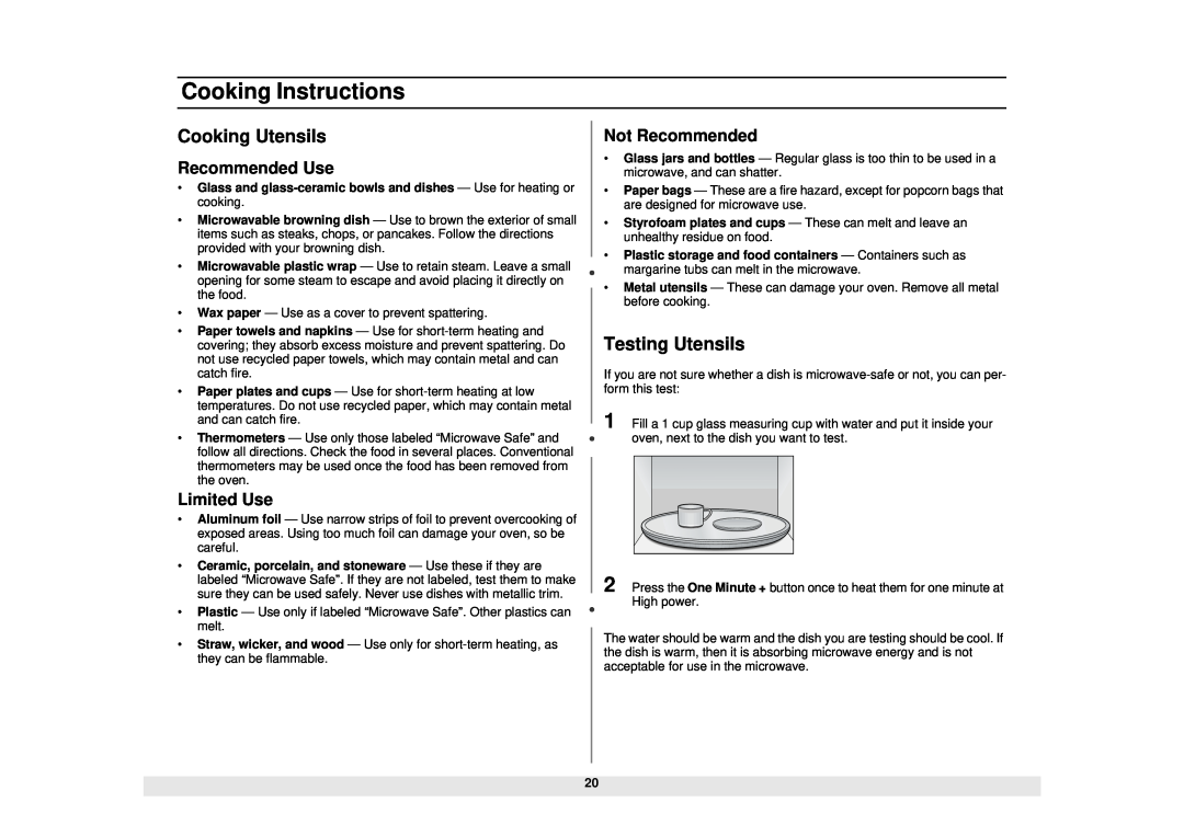 Samsung MW1480STA Cooking Instructions, Cooking Utensils, Testing Utensils, Recommended Use, Limited Use, Not Recommended 