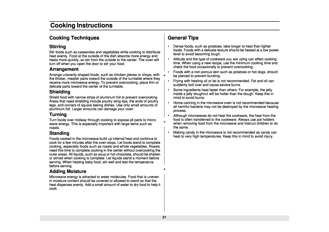 Samsung MW1480STA Cooking Techniques, General Tips, Stirring, Arrangement, Shielding, Turning, Standing, Adding Moisture 