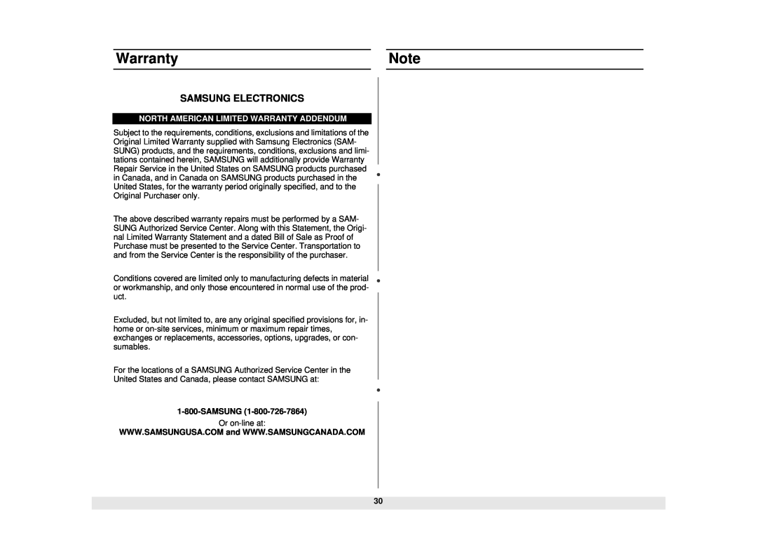 Samsung MW1480STA manual Samsung Electronics, North American Limited Warranty Addendum 