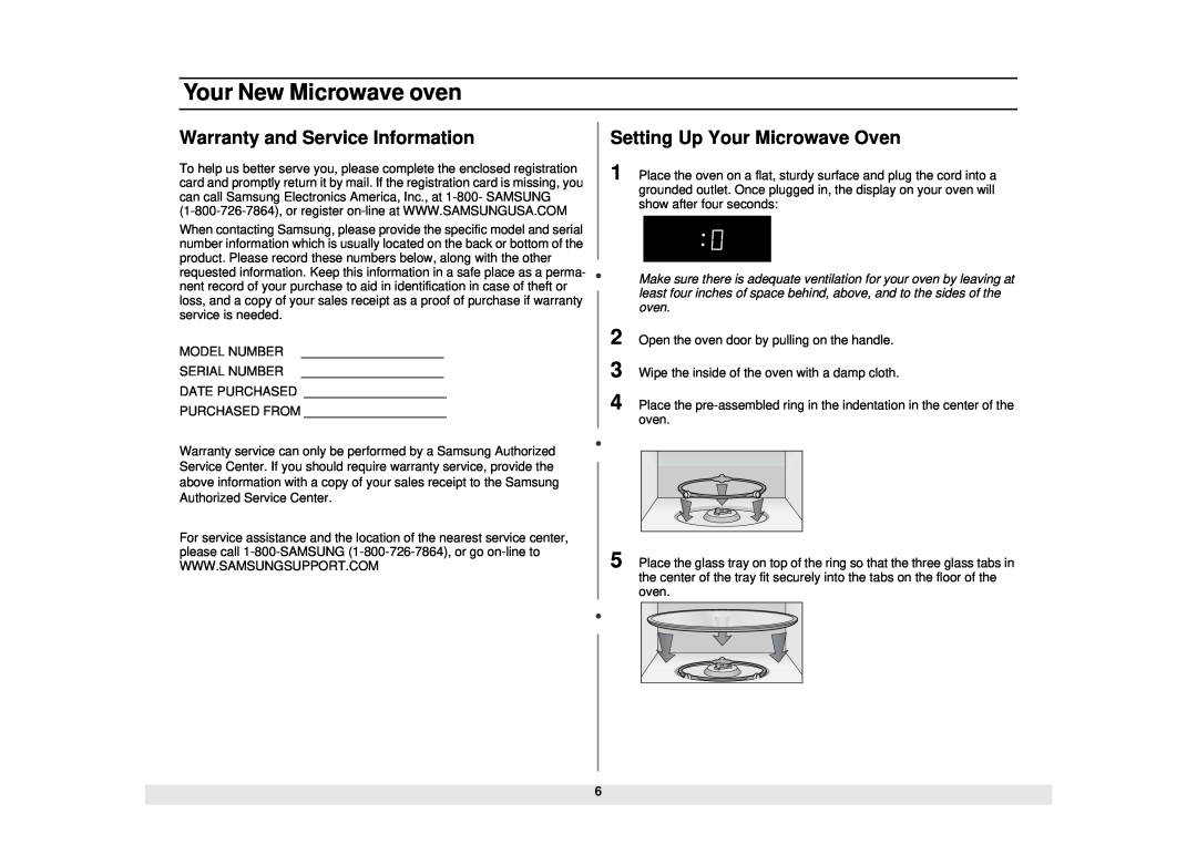 Samsung MW1480STA manual Warranty and Service Information, Setting Up Your Microwave Oven, Your New Microwave oven 