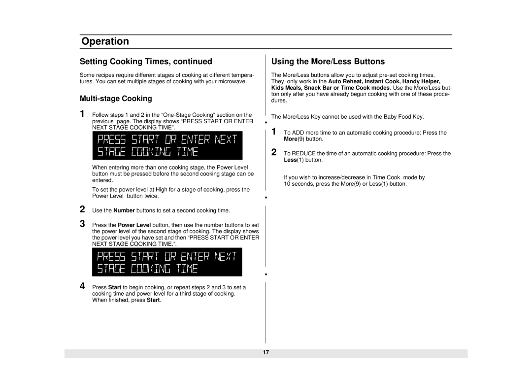 Samsung DE68-02331A, MW1481STA manual Setting Cooking Times, Using the More/Less Buttons, Multi-stage Cooking 