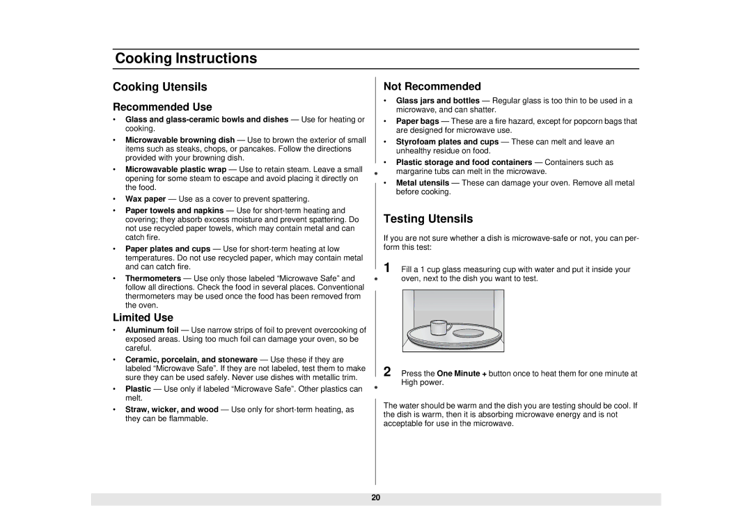 Samsung MW1481STA, DE68-02331A manual Cooking Instructions, Cooking Utensils, Testing Utensils 