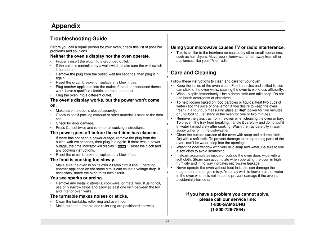 Samsung DE68-02331A, MW1481STA manual Appendix, Troubleshooting Guide, Care and Cleaning 