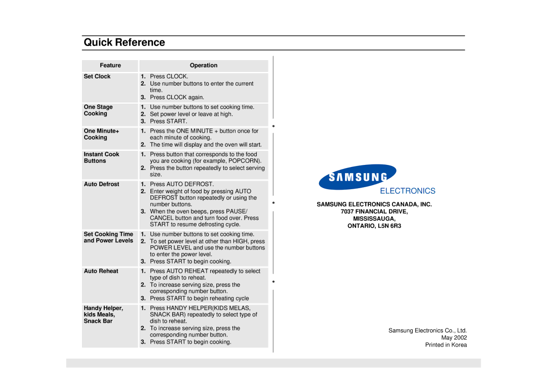 Samsung MW1481STA, DE68-02331A manual Quick Reference 