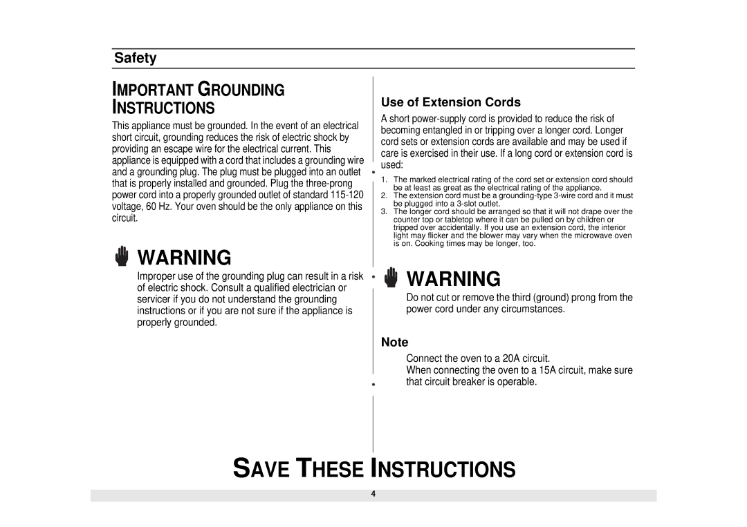 Samsung MW1481STA, DE68-02331A manual Important Grounding Instructions, Use of Extension Cords 