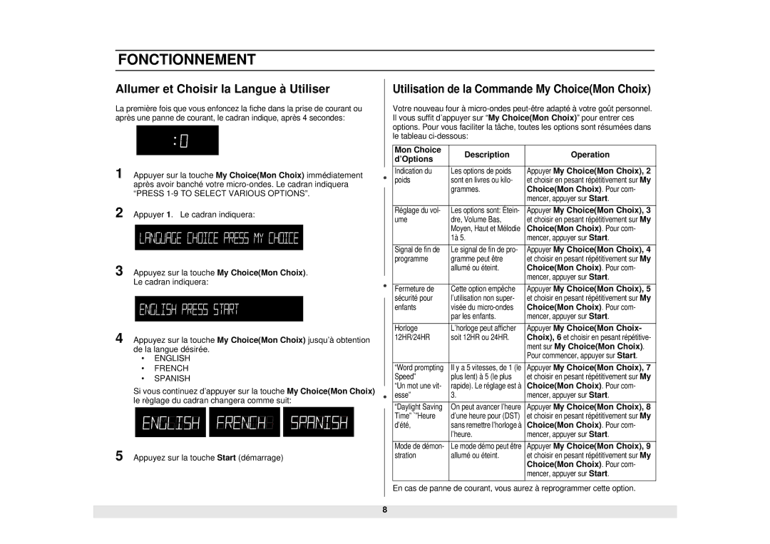 Samsung MW1481STA Fonctionnement, Allumer et Choisir la Langue à Utiliser, Utilisation de la Commande My ChoiceMon Choix 