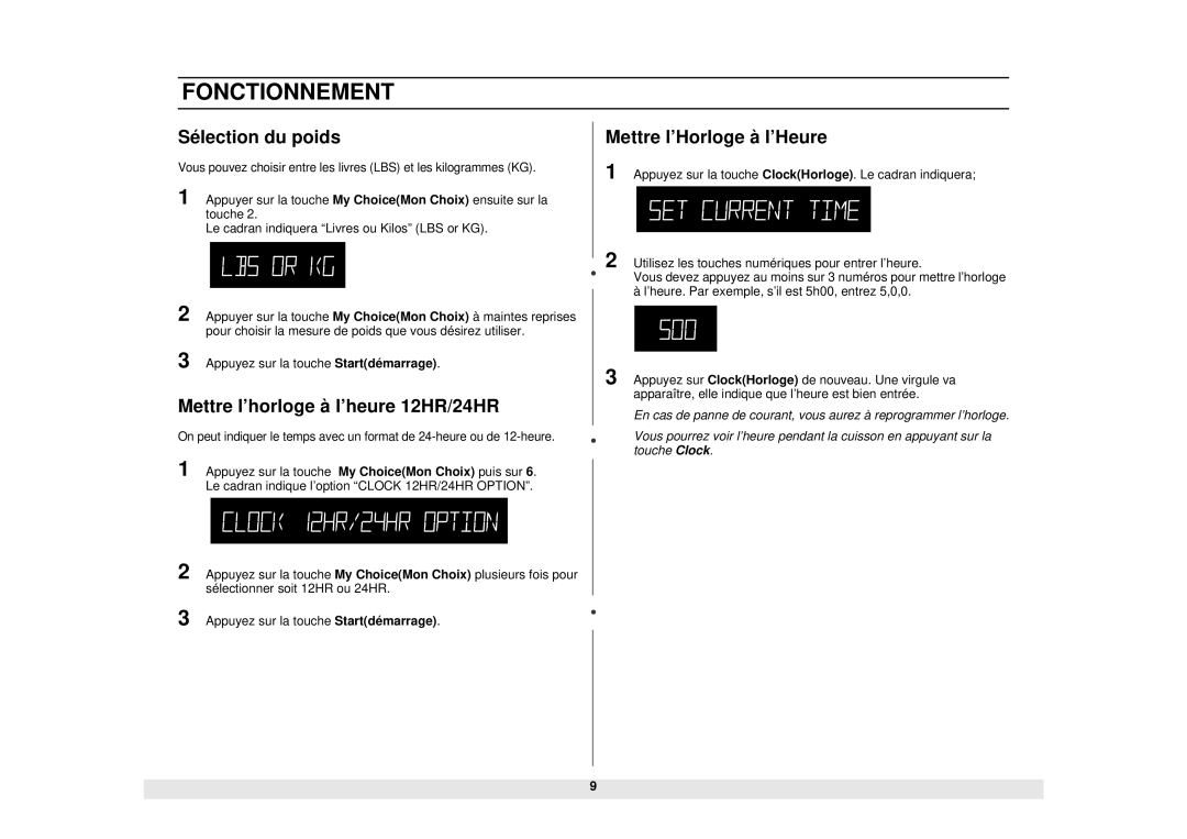 Samsung DE68-02331A, MW1481STA manual Sélection du poids, Mettre l’horloge à l’heure 12HR/24HR, Mettre l’Horloge à l’Heure 