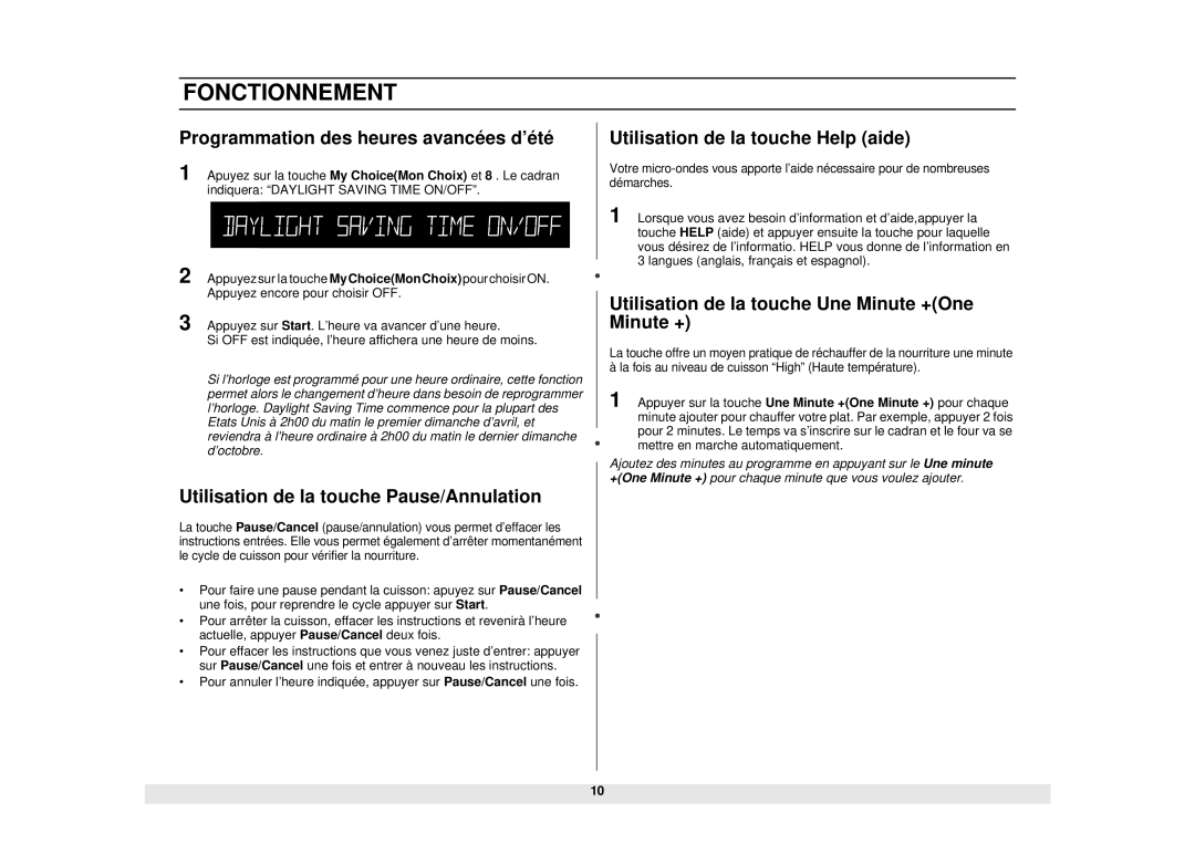 Samsung MW1481STA, DE68-02331A manual Programmation des heures avancées d’été, Utilisation de la touche Pause/Annulation 