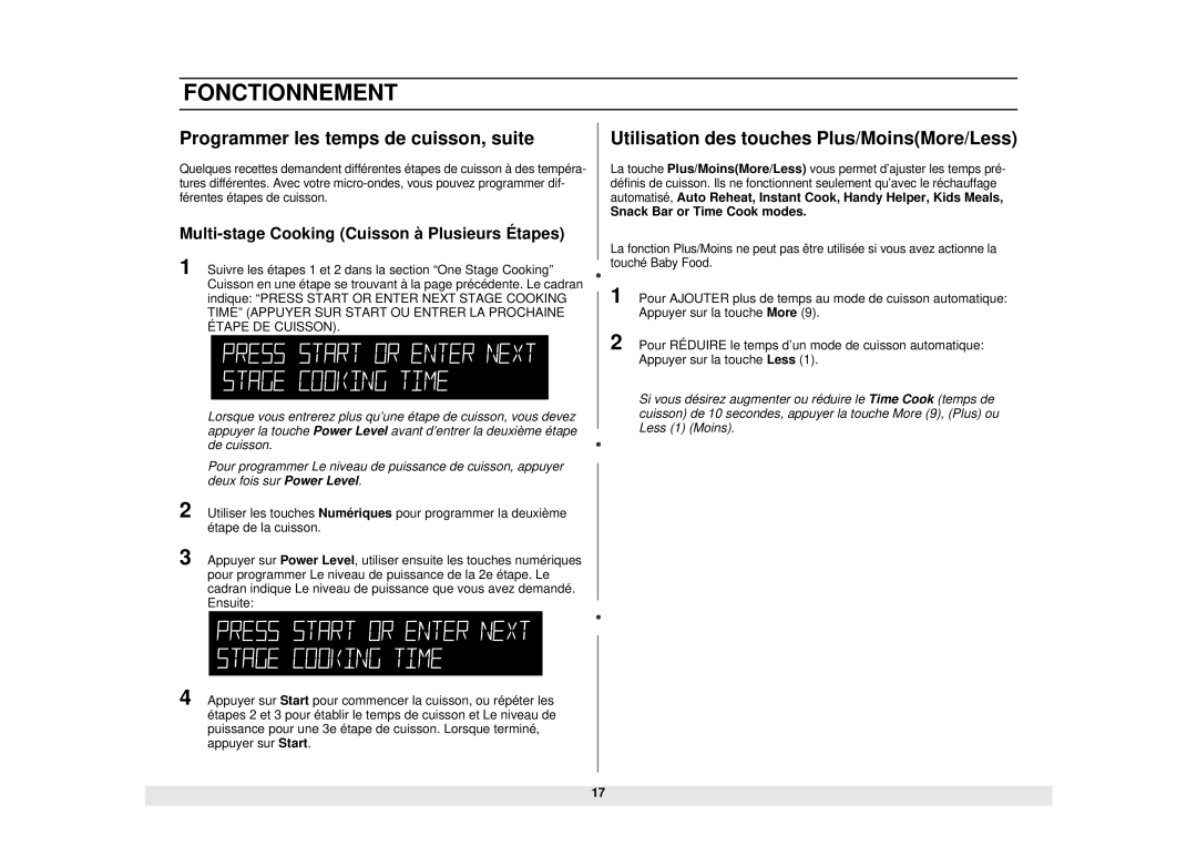 Samsung DE68-02331A, MW1481STA manual Programmer les temps de cuisson, suite, Utilisation des touches Plus/MoinsMore/Less 