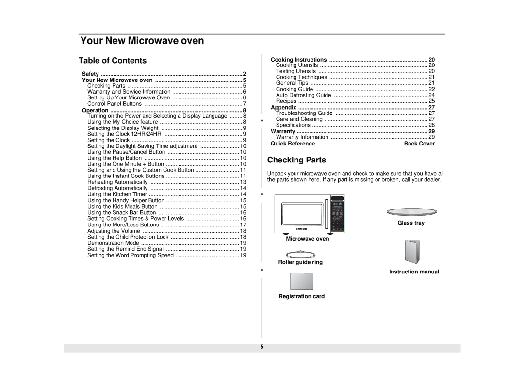 Samsung DE68-02331A, MW1481STA manual Your New Microwave oven, Table of Contents, Checking Parts 