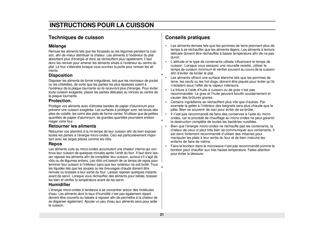 Samsung DE68-02331A, MW1481STA manual Techniques de cuisson, Conseils pratiques 