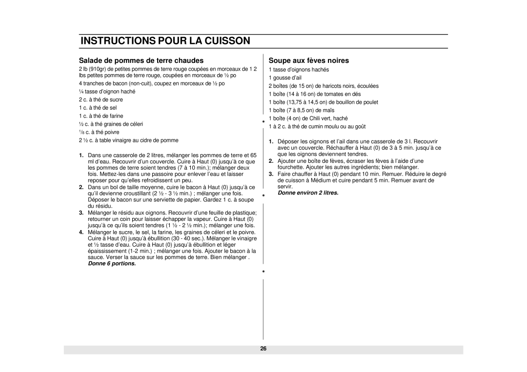 Samsung MW1481STA, DE68-02331A manual Salade de pommes de terre chaudes, Soupe aux fèves noires 