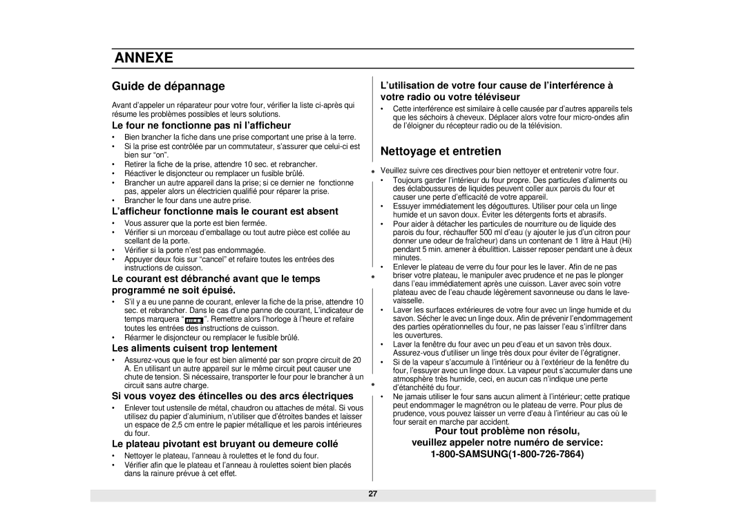 Samsung DE68-02331A, MW1481STA manual Annexe, Guide de dépannage, Nettoyage et entretien 