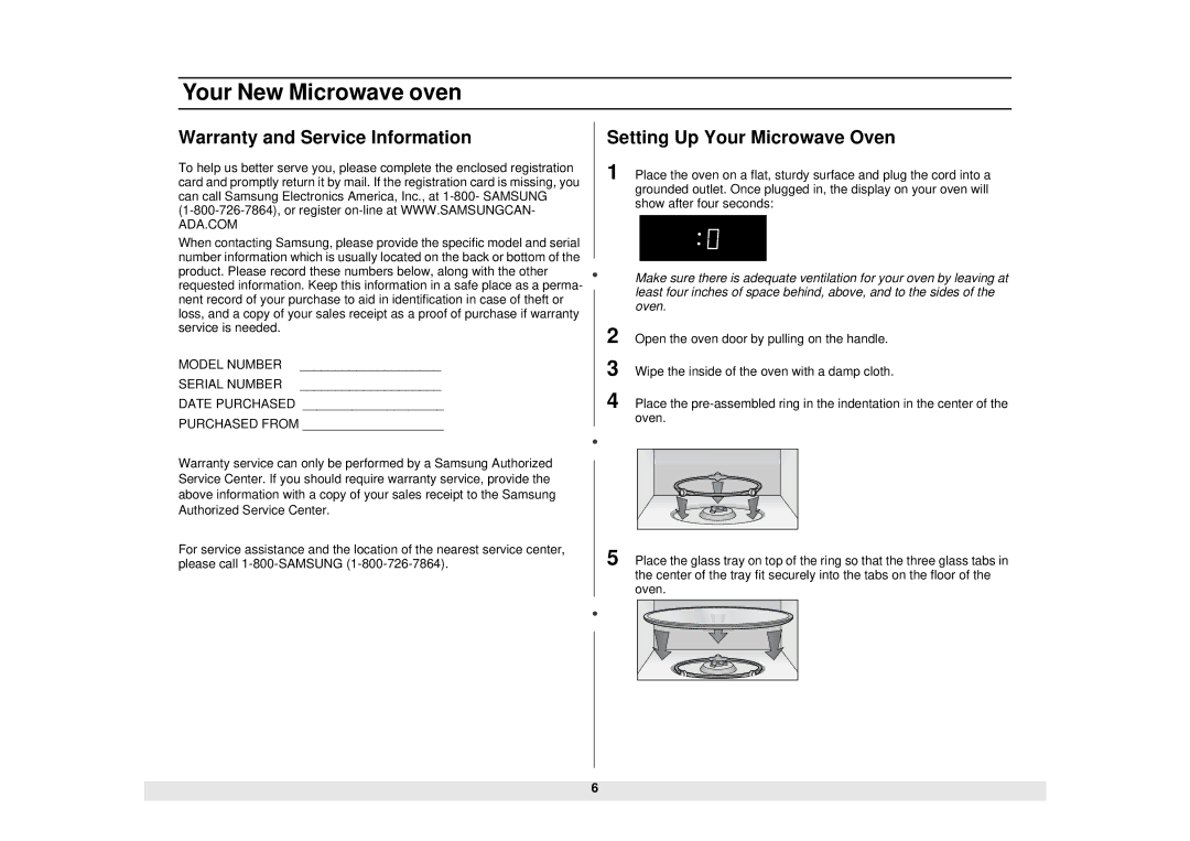 Samsung MW1481STA, DE68-02331A manual Warranty and Service Information, Setting Up Your Microwave Oven 