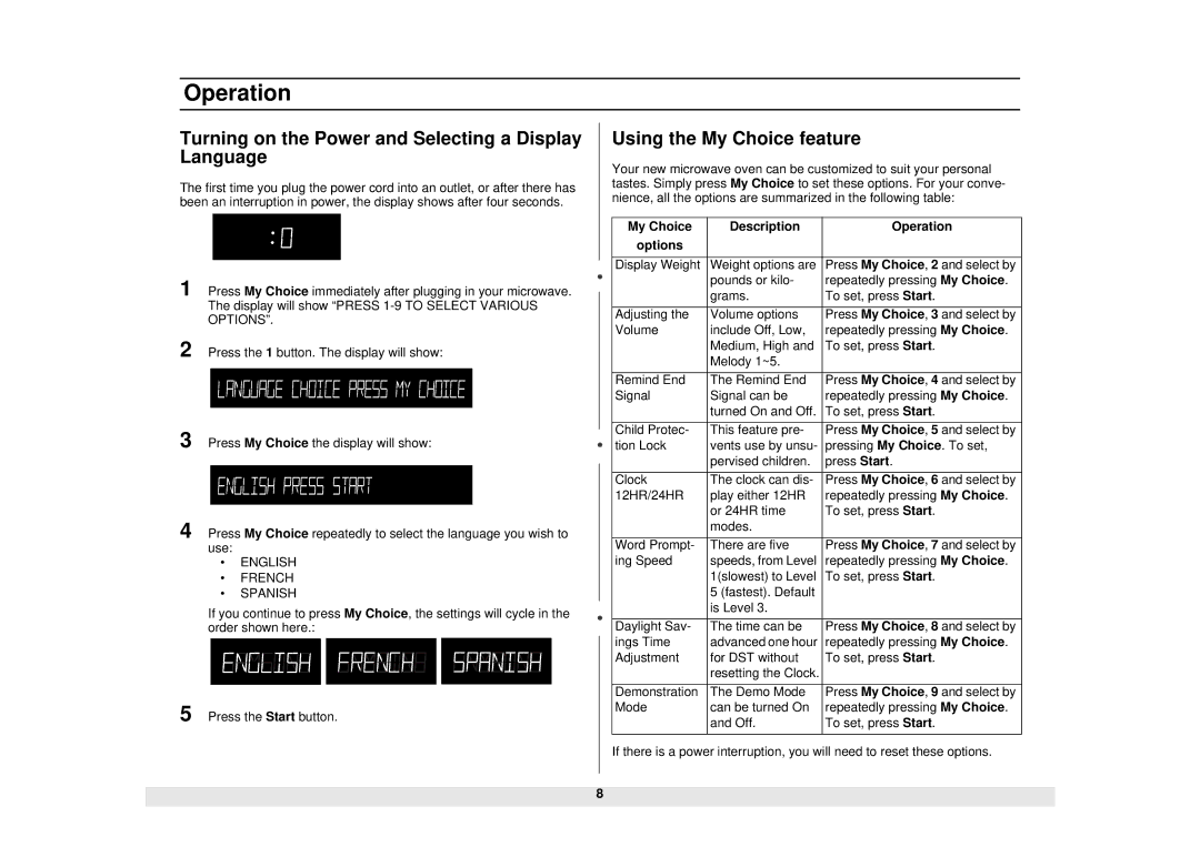 Samsung MW1481STA manual Operation, Turning on the Power and Selecting a Display Language, Using the My Choice feature 