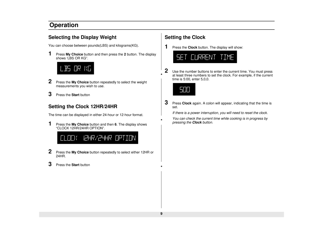 Samsung DE68-02331A, MW1481STA manual Selecting the Display Weight, Setting the Clock 12HR/24HR 